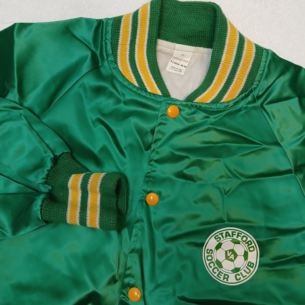 Vintage VA Stafford Soccer Club Green‎ Satin Bomber Team Snap Jacket XL